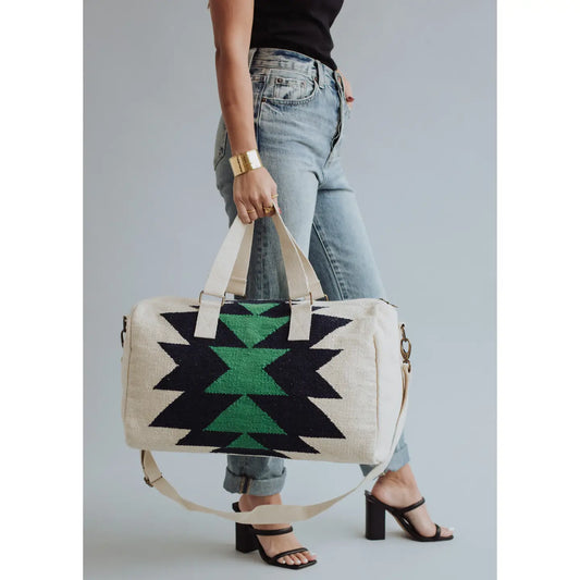 Cream, Navy & Green Aztec Duffel