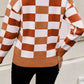 Orange Checkered Ribbed Neck Drop Shoulder Sweater