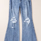 Dusk Blue High Rise Ripped Distressed Hem Flared Jeans