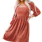 Brown Suede Square Neck Puff Sleeve Dress