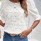 White Flower Eyelet Jacquard Keyhole Flounce Sleeve Top