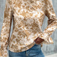 Light French Beige Floral Print Frilled Neckline Flounce Sleeve Blouse