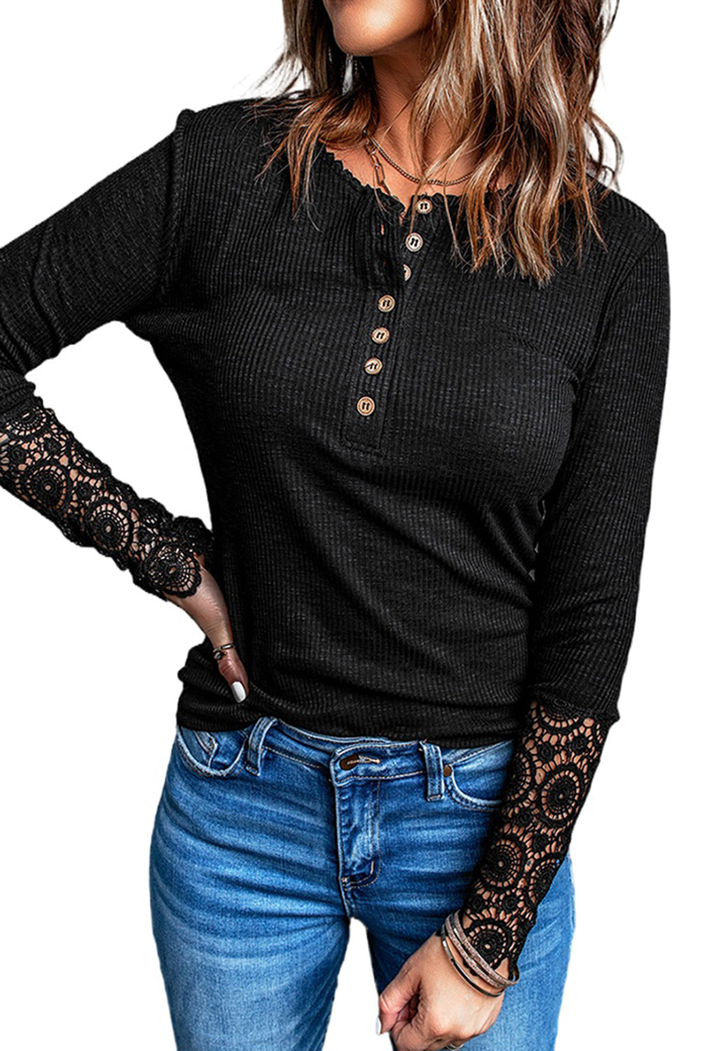 White Crochet Lace Hem Sleeve Button Top