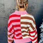 Pink Stripe Color Block High Neck Drop Shoulder Loose Sweater