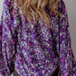 Purple Boho Flower Split V Neck Bubble Sleeve Blouse