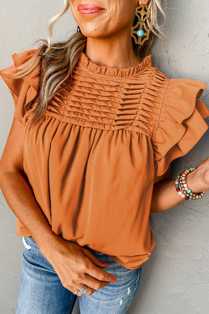 Sunset Orange Smocked Ruffle Sleeve Blouse