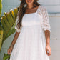 White Floral Lace Puff Sleeve Empire Waist Mini Dress
