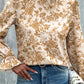 Light French Beige Floral Print Frilled Neckline Flounce Sleeve Blouse