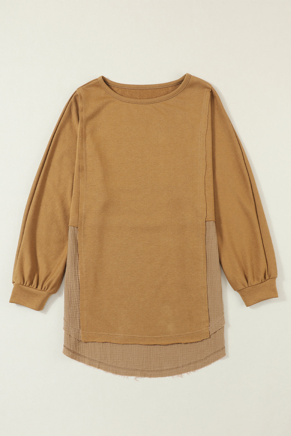 Camel Splicing Raw Hem High Low Oversized Blouse