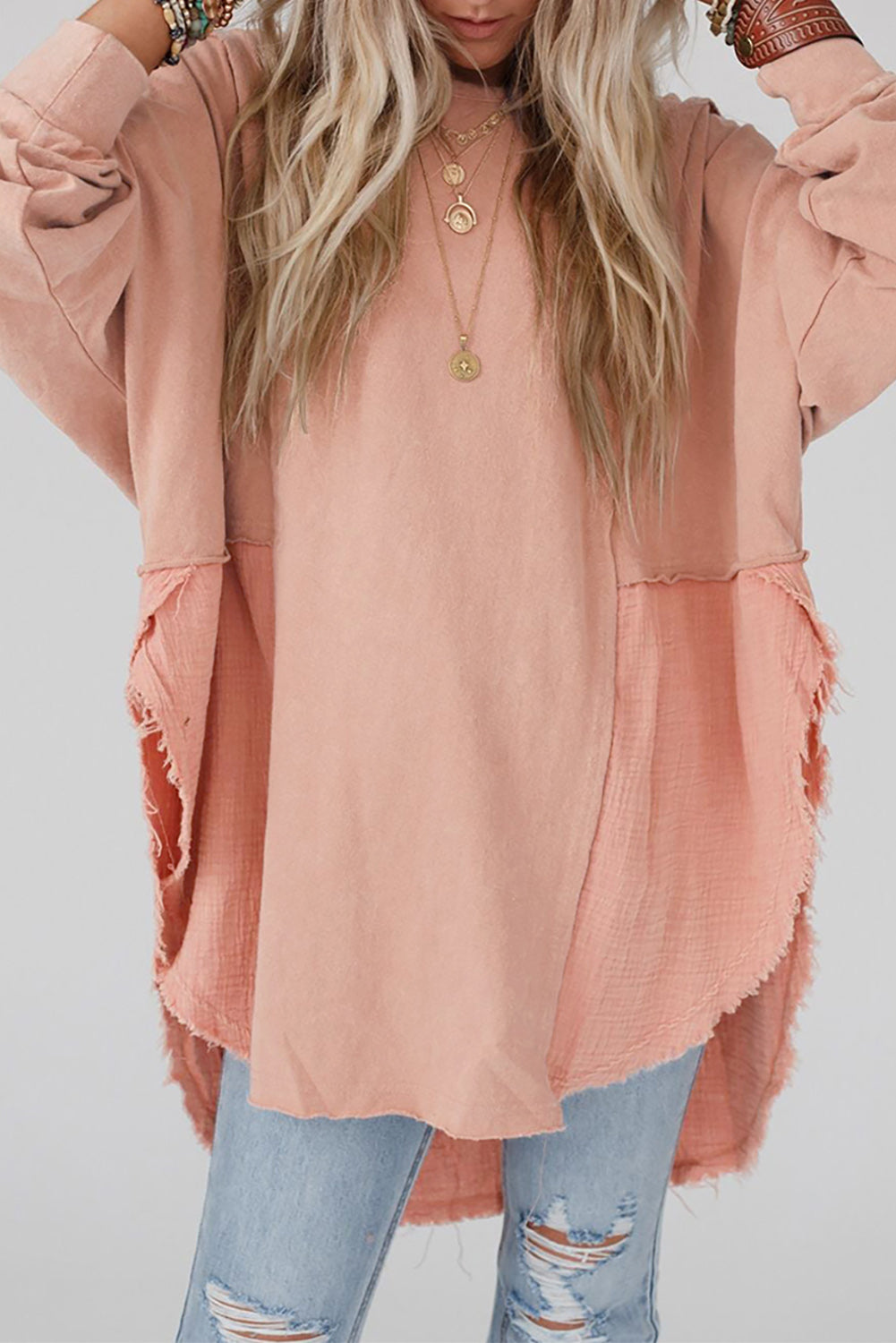 Coral Pink Splicing Raw Hem High Low Oversized Blouse