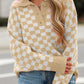 Pink Checkered Buttons Collar V Neck Drop Shoulder Sweater