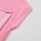 Pink Patch Pocket Ribbed Knit Short Sleeve Sweater