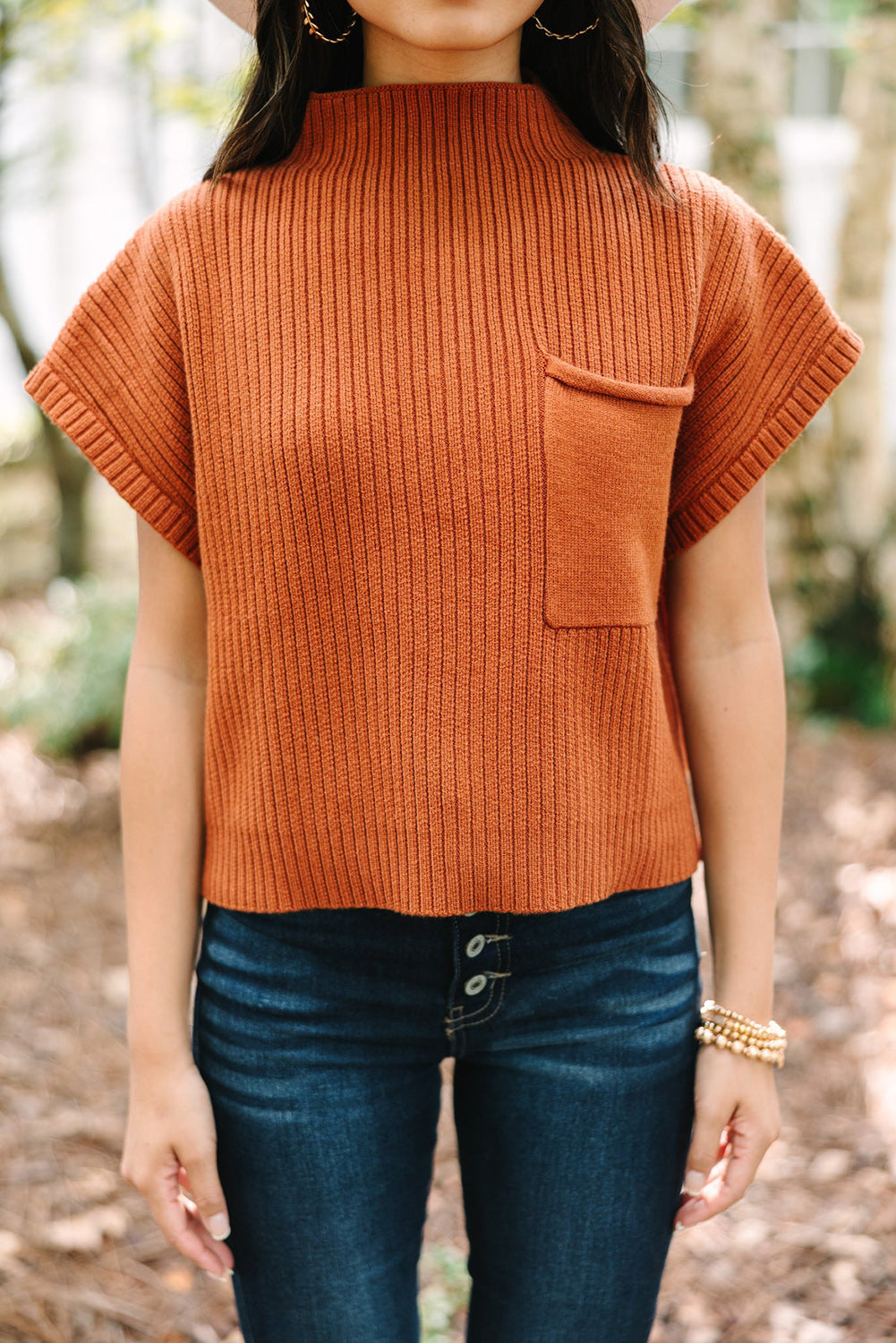 Burnt Orange Patch Pocket Ribbed Knit Short Sleeve Sweater