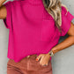 Rose Red Patch Pocket Ribbed Knit Short Sleeve Sweater