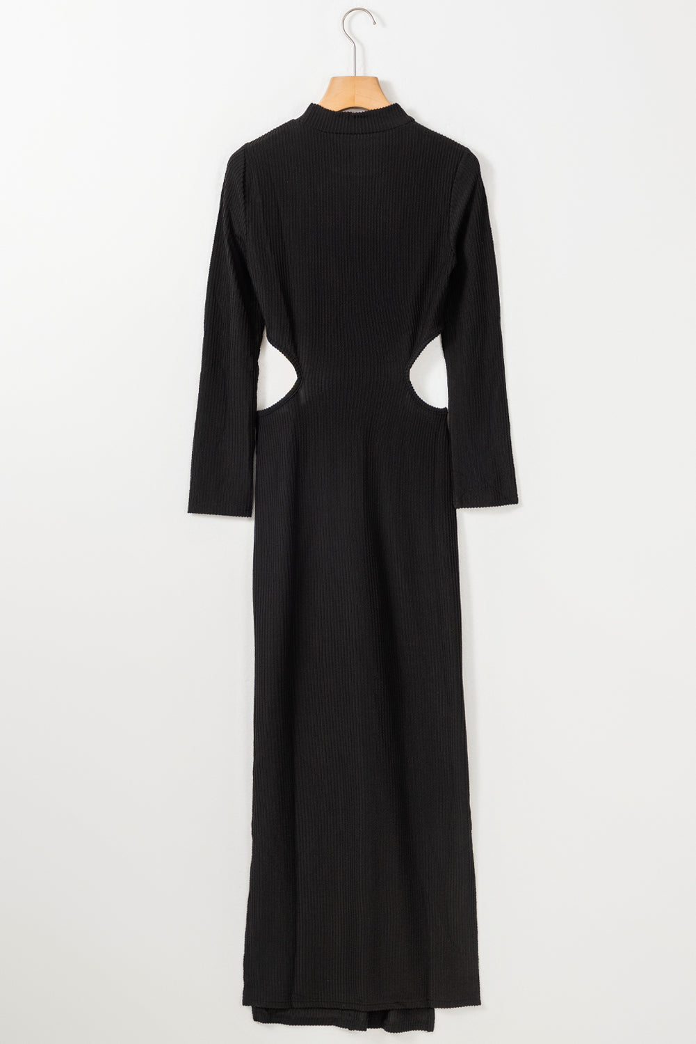 Black Ribbed Twist Cutout Long Sleeve Dress