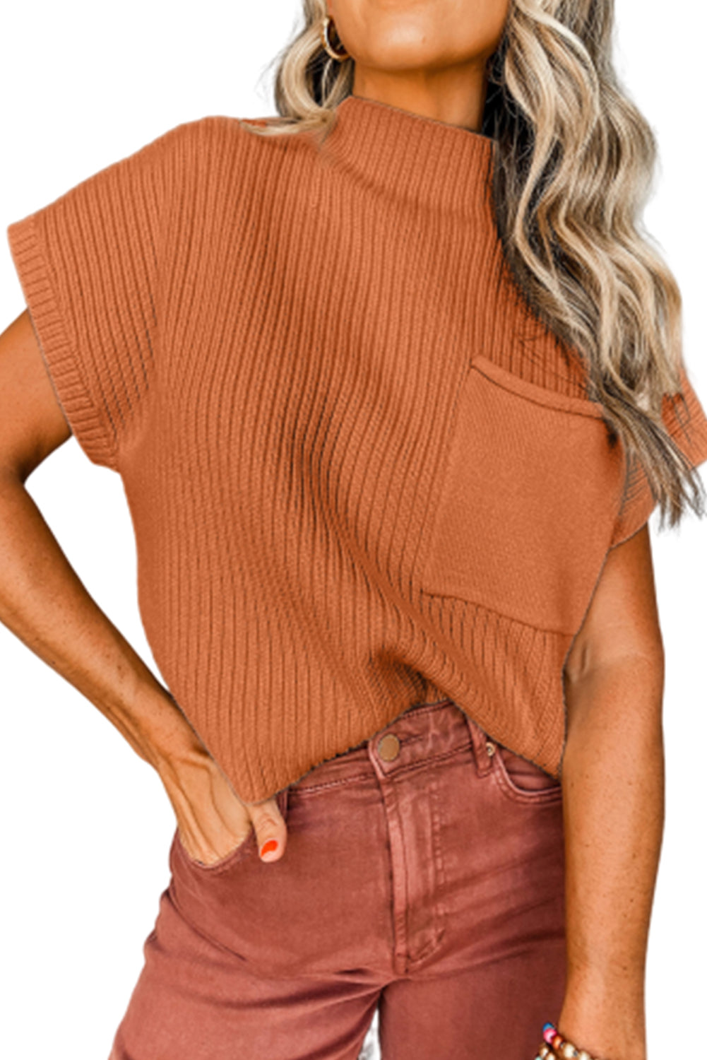 Burnt Orange Patch Pocket Ribbed Knit Short Sleeve Sweater