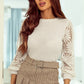 Beige Sunflower Mesh Bubble Sleeve Waffle Knit Top