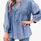 Denim Front Pintuck Bow Tie Puff Sleeve Top