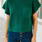 Deep Green Patch Pocket Ribbed Knit Short Sleeve Sweater