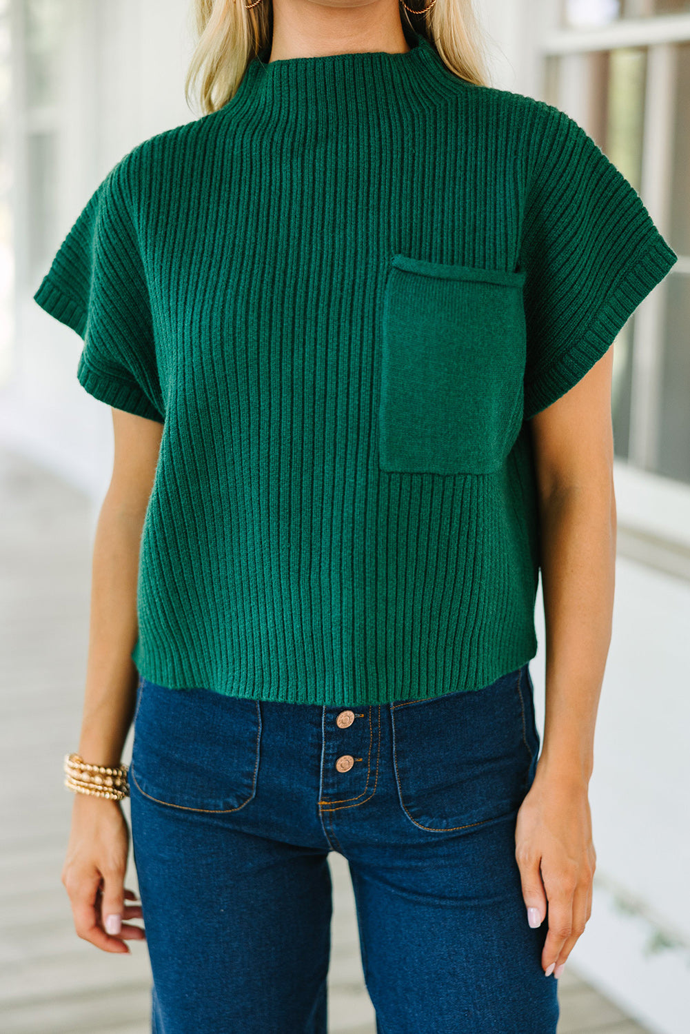 Deep Green Patch Pocket Ribbed Knit Short Sleeve Sweater