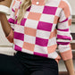 Orange Checkered Ribbed Neck Drop Shoulder Sweater
