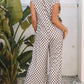 Brown Checkered Print Buttoned Crew Neck Wide Leg Jumpsuit