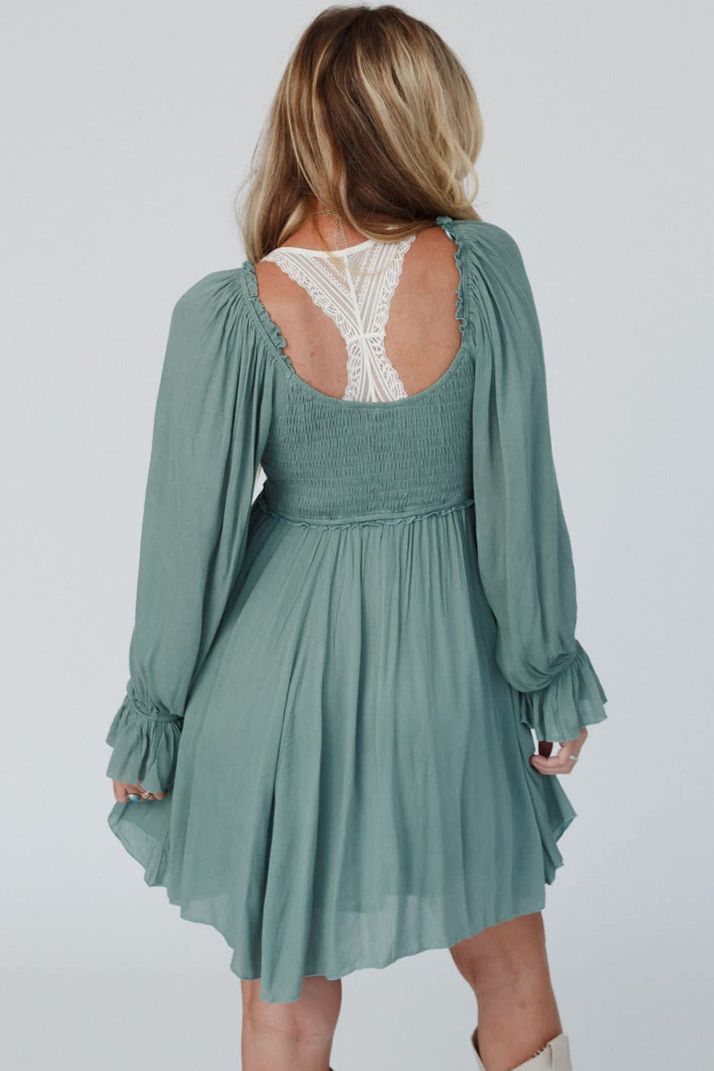 Mist Green Smocked Ruffled Bubble Sleeve Flowy Short Dress