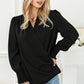 Black Solid Surplice Neck Shirred Cuffs Draped Blouse