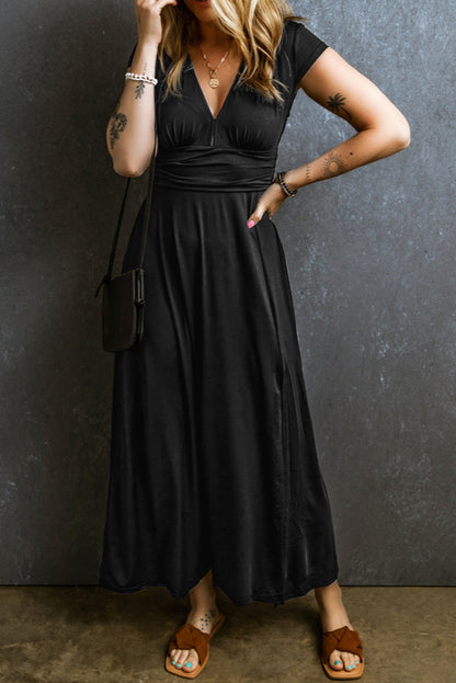 Black Short Sleeve Shirred High Waist V Neck Maxi Dress