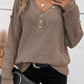 Rose Red Pointelle Knit Button V Neck Drop Shoulder Sweater