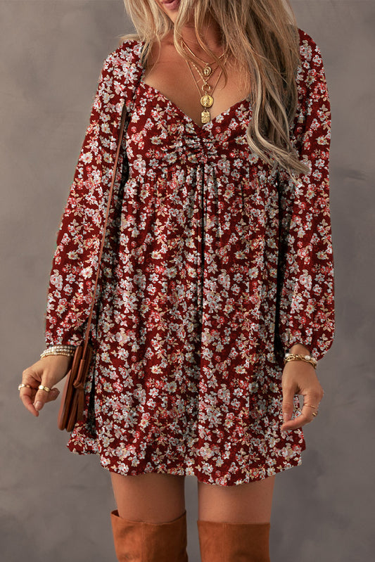 Deep Red Floral Print Sweetheart Mini Dress