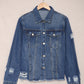 Blue Lapel Distressed Raw Hem Buttons Denim Jacket