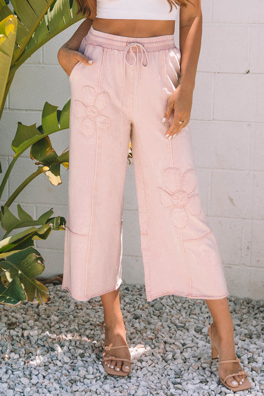 Pink Flower Patch Mineral Washed Terry Knit Cropped Wide Leg Pants