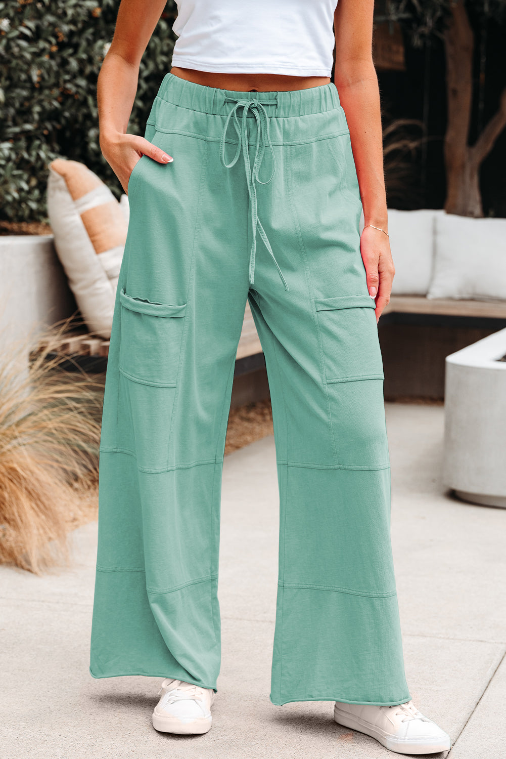 Black Mineral Wash Exposed Seam Drawstring High Waist Wide Leg Cargo Pants