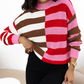 Pink Stripe Color Block High Neck Drop Shoulder Loose Sweater