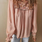 Gossamer Pink Floral Embroidered Textured Flounce Sleeve Elegant Blouse