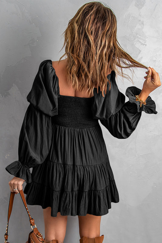 Black Boho Solid Shirred Ruffle Mini Dress