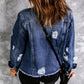 Blue Lapel Distressed Raw Hem Buttons Denim Jacket