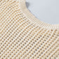 Apricot Fishnet Knit Ribbed Round Neck Short Sleeve Sweater Tee