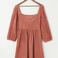 Brown Suede Square Neck Puff Sleeve Dress