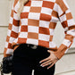 Orange Checkered Ribbed Neck Drop Shoulder Sweater