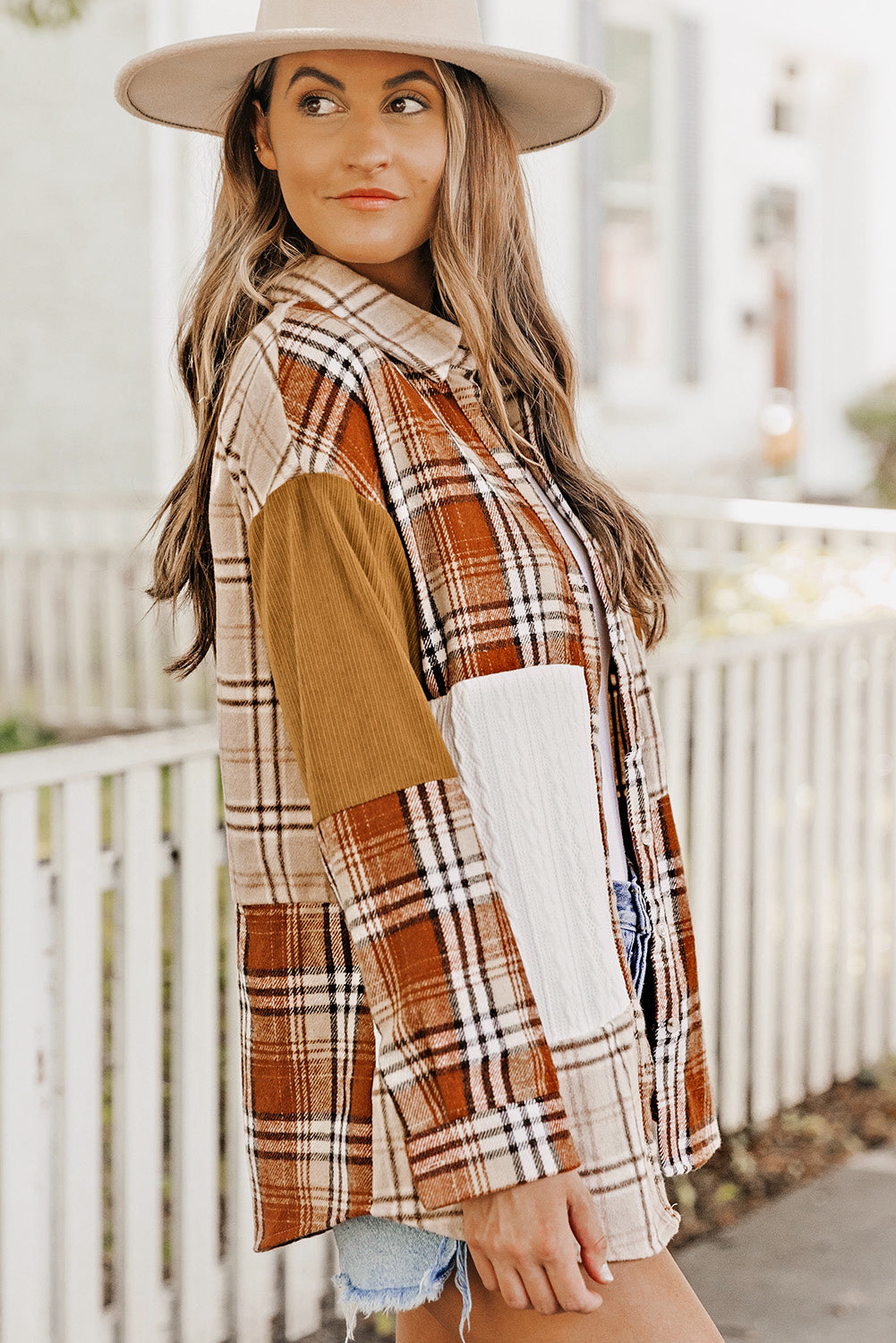 Burnt Orange Plaid Patchwork Shirt Jacket with Pocket Multiple Colors Available