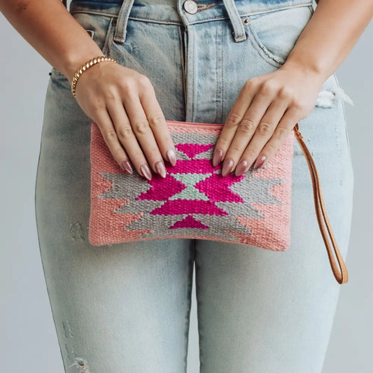 Bright Pink & Slate Aztec Wristlet