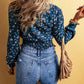 Blue Lace Trim V Neck Floral Smocked Long Sleeve Blouse