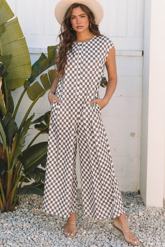 Brown Checkered Print Buttoned Crew Neck Wide Leg Jumpsuit
