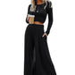 Black Solid Color Ribbed Crop Top Long Pants Set