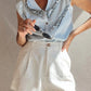 Sky Blue Mineral Wash Cap Sleeve Frilled Button Up Denim Shirt