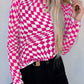 Black Checkered Pattern Mesh Mock Neck Long Sleeve Top