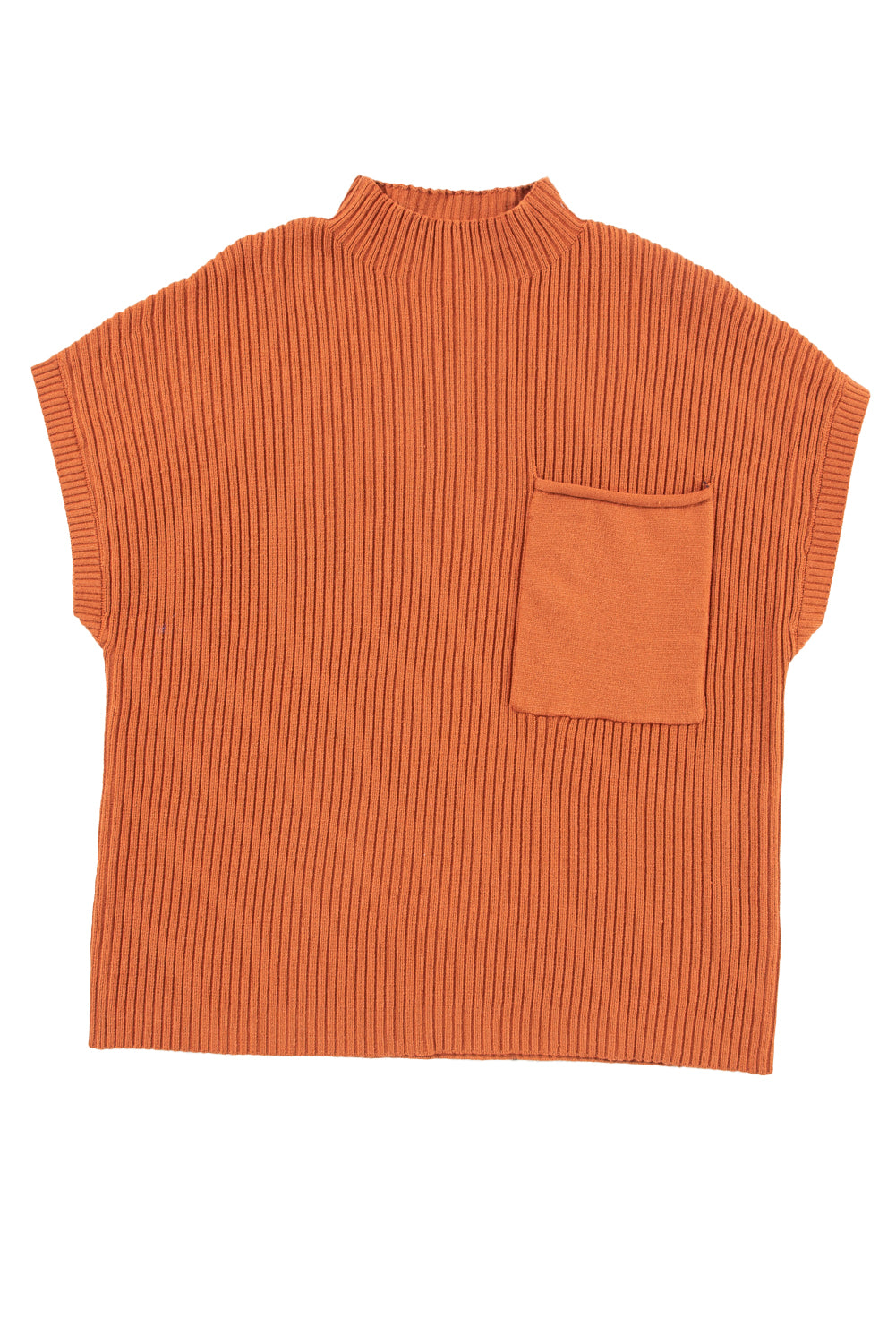 Burnt Orange Patch Pocket Ribbed Knit Short Sleeve Sweater