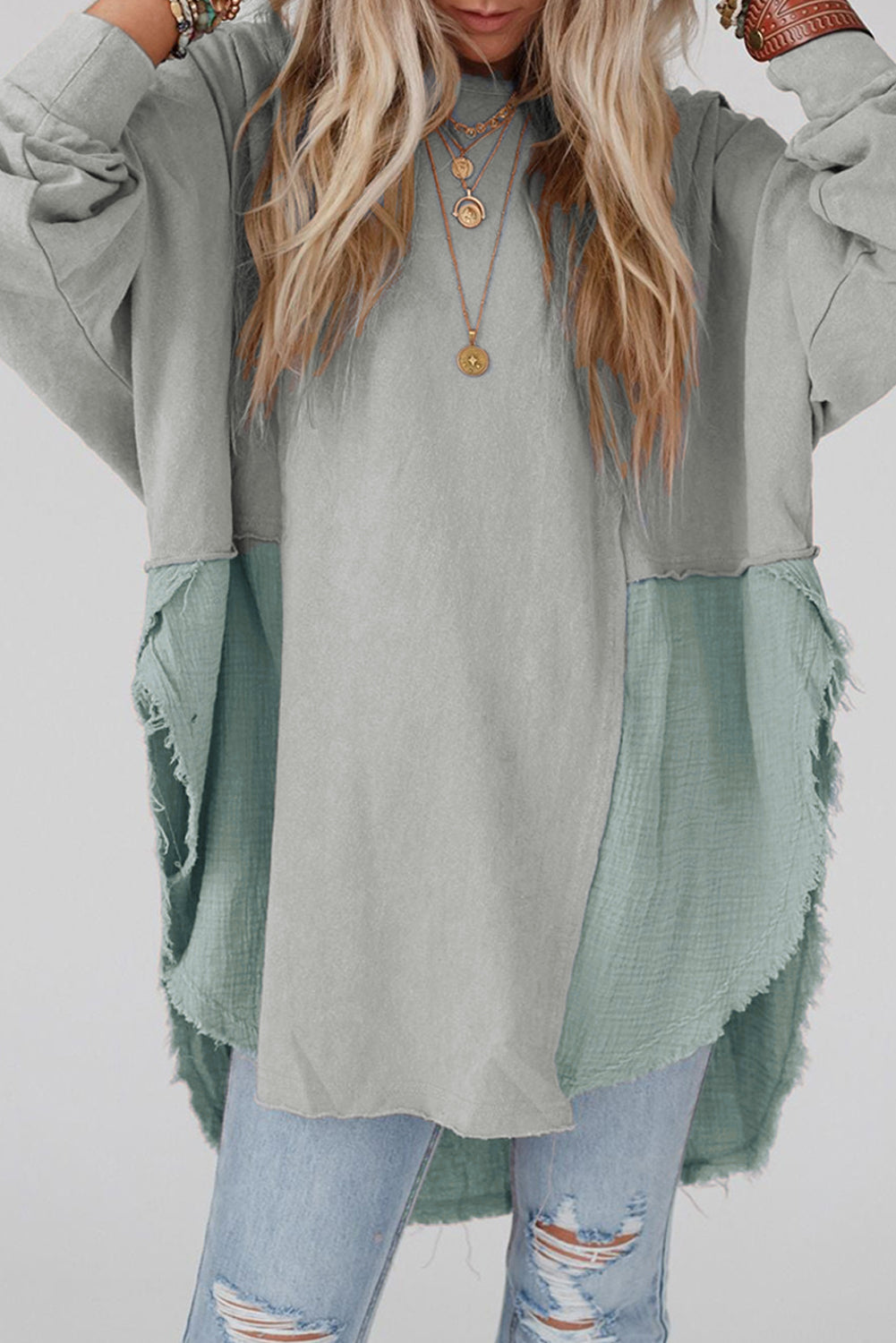 Sage Splicing Raw Hem High Low Oversized Blouse